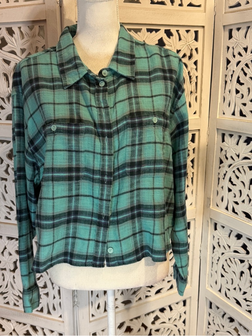 NWT American Eagle Outfitters Mint Plaid Button-Up Shirt Sz